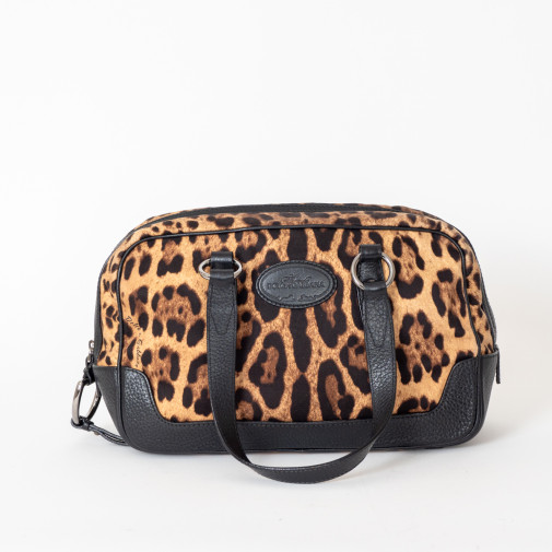 Bowling bag in panther print fabric and black grained leather
