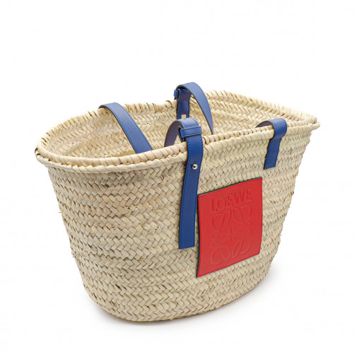 Cabas large en feuille de palmier et cuir rouge et bleu