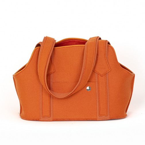 Sac Patapon en feutre de laine et gansé de cuir de couleur potiron.