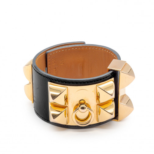 Bracelet Collier de Chien black leather and pink gold plated