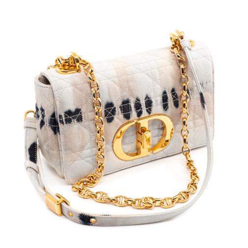 Sac à bandoulière Dior Caro en toile blanc cassé et Tie and Dye bleu et beige rosé