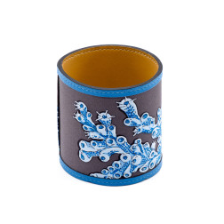 Bracelet Hermes extra-large en soie grise en bleue, passepoil en cuir bleu