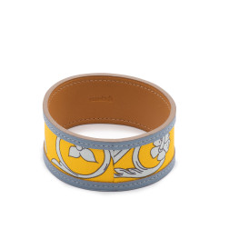 Bracelet Hermes en cuir gris bleu et soie jaune