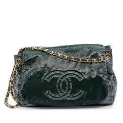 Grand sac porté-main et épaule en cuir verni souple vert foncé