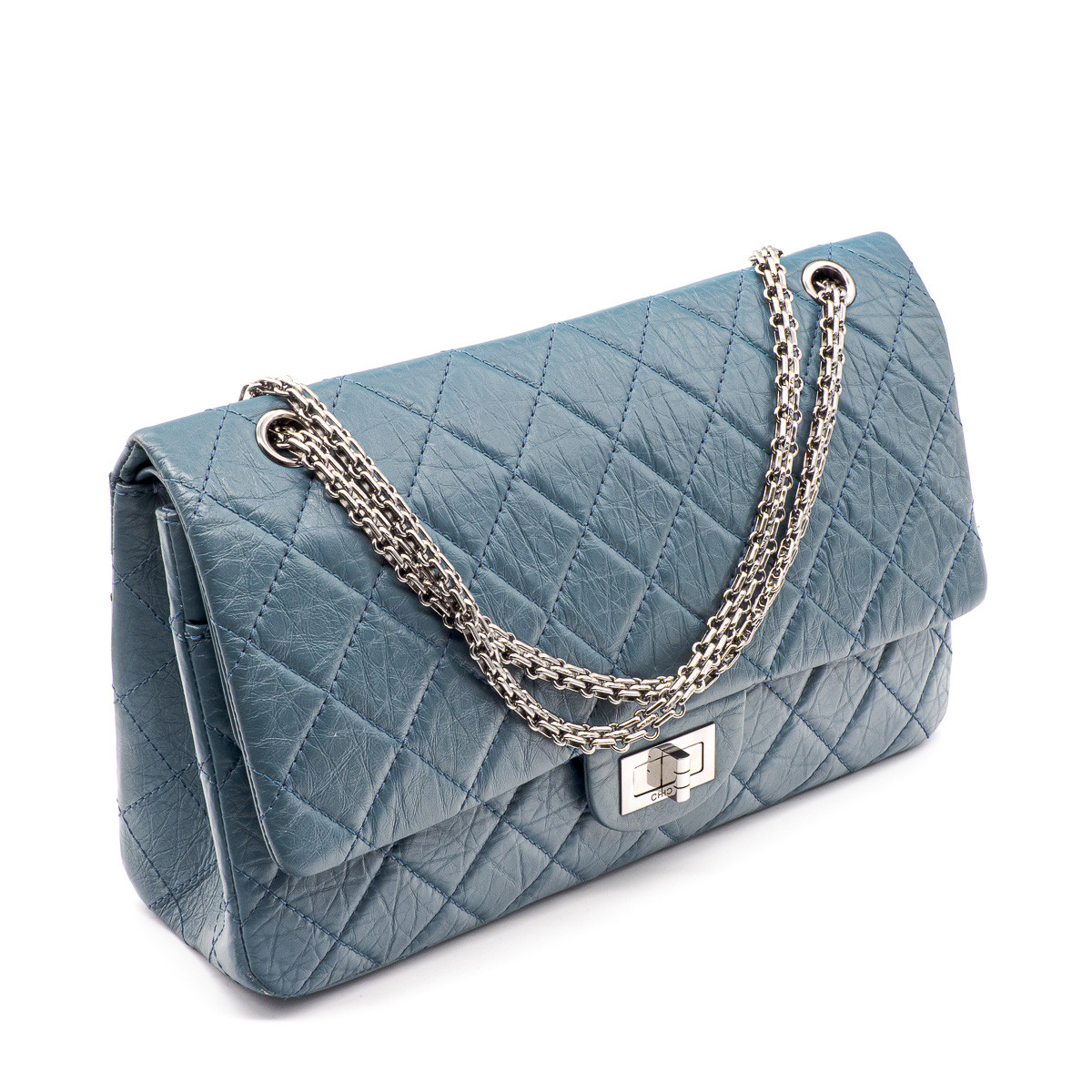 Sac Chanel 2.55 Jumbo en cuir vieilli bleu en seconde-main.