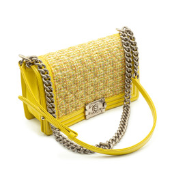 Sac Chanel Boy Medium en cuir jaune et Tweed jaune