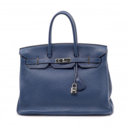 Birkin 35 handbag Clemence Prussian blue leather